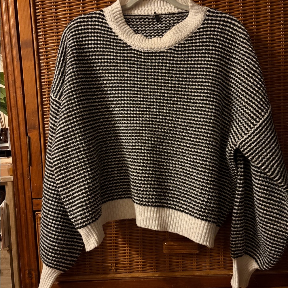 Black and White Striped Waffle Knit oversized crop Women's Sweater
